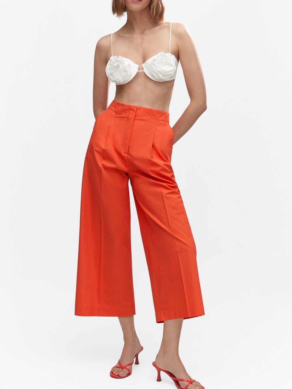 Mango High-Waist Wide-Leg Culottes Pants in Bright Orange